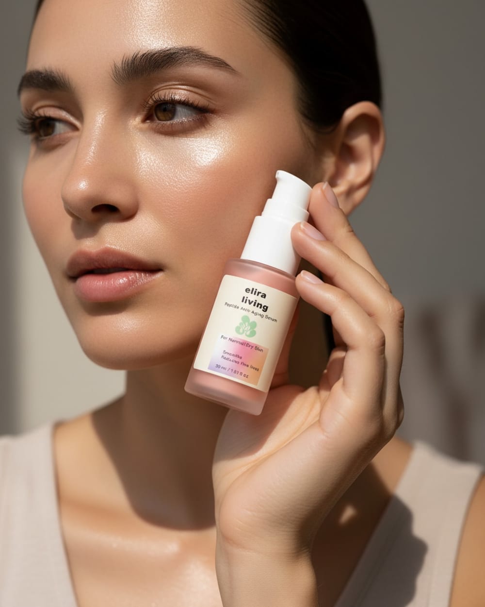 A woman holding the Elira peptide serum