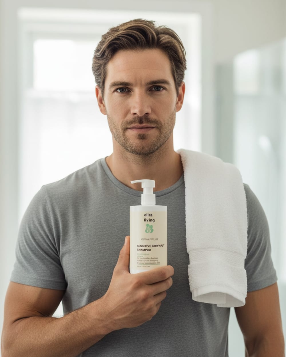 A man holding the Elira shampoo